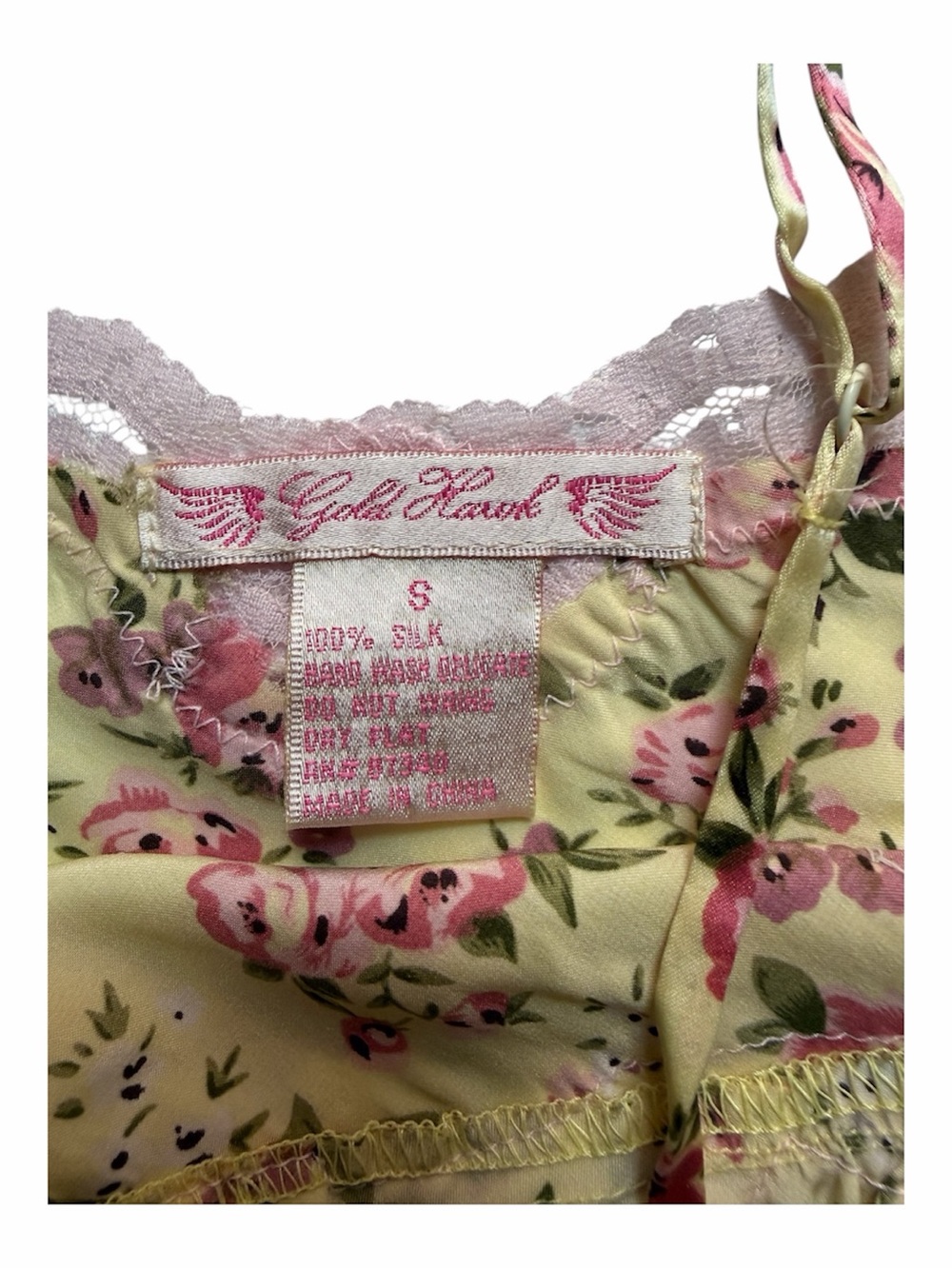 Floral Satin Lace Cami - Pink Lace on Yellow Floral - Picture 3 of 4